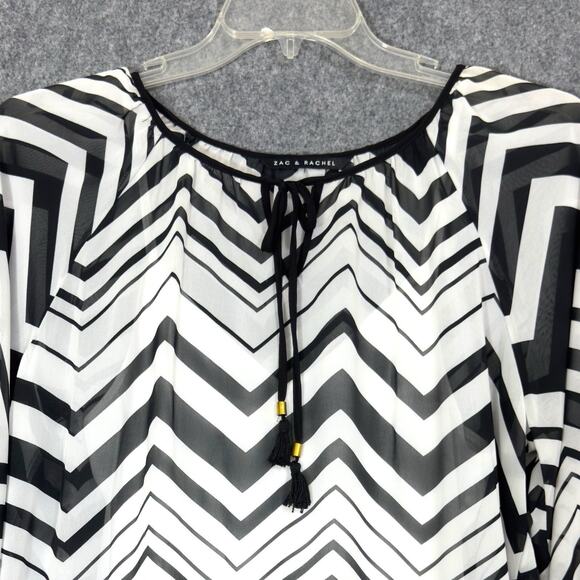 Sheer Chiffon Chevron Chic Tunic w/Tank L Asymmetric Hem Black/White Boho Flowy - Picture 2 of 15